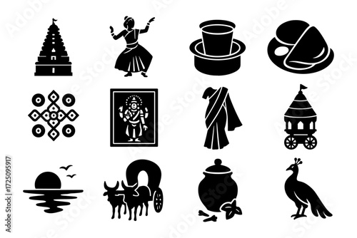 Traditional indian icons set featuring cultural symbols in silhouette style