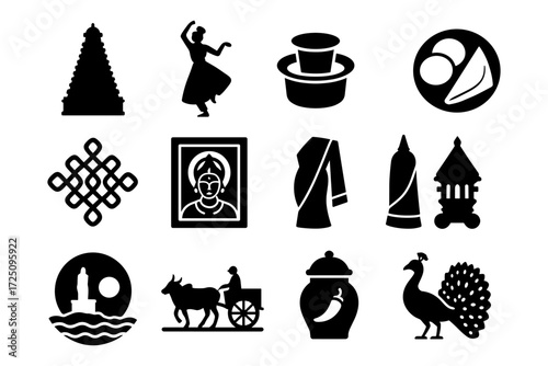 Traditional south indian culture icons featuring dance, architecture, and cuisine in bold silhouette style