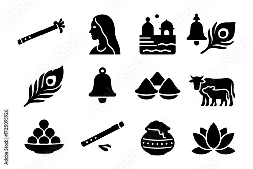 Traditional hindu pichwai motifs in black silhouette style