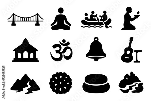 Silhouette icons: meditation, outdoors, music, spirituality, and travel