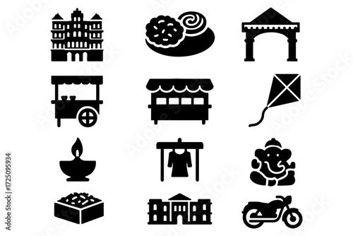 Indian festival and culture icons: traditional elements and heritage silhouettes