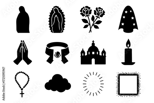 Mexican religious icons and symbols collection with silhouette style