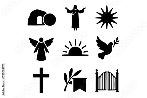 Silhouette set: religious symbols with angels, dove, and cross