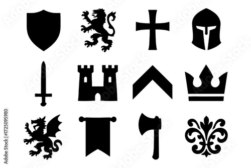 Medieval heraldic and knight symbols in silhouette style