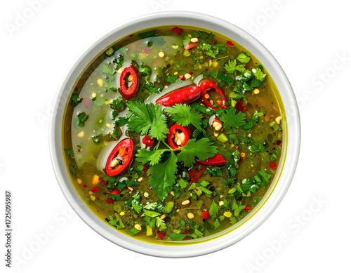 Wallpaper Mural Top-down view of a vibrant green sauce in a white bowl, garnished with chili peppers and cilantro Torontodigital.ca