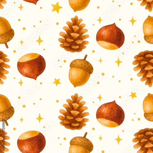 Seamless pattern featuring autumn elements like acorns, pine cones, and chestnuts, complemented by golden stars, creating warm and cozy atmosphere