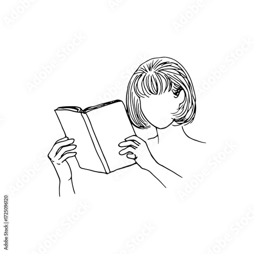 faceless woman portrait with her hands holding an open paper book - hand drawn line art illustration