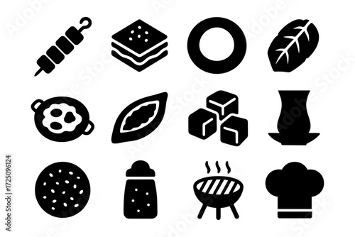 Traditional turkish food icons: kebab, baklava, turkish tea, and more in bold silhouettes