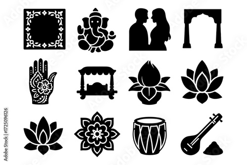 Traditional indian silhouette icons: culture, religion, and art elements
