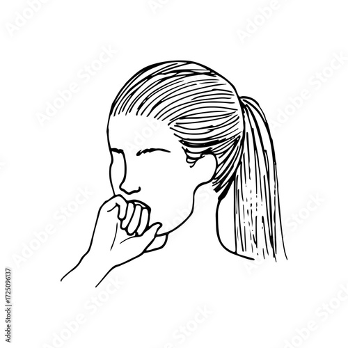 Woman portrait without a face, biting her fist - hand drawn line art illustration