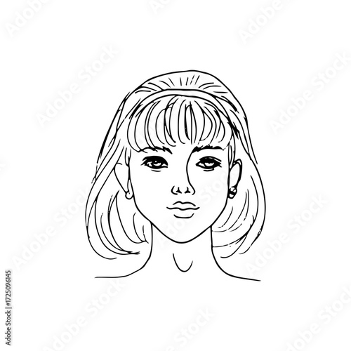 woman portrait, frontal view, with a neutral expression, a woman's head with a curved bob and bangs - hand-drawn line art illustration