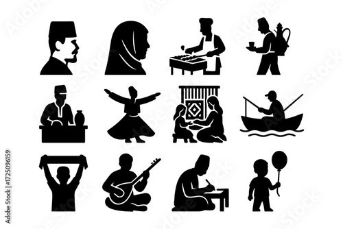 Traditional middle eastern silhouettes featuring daily life and cultural activities