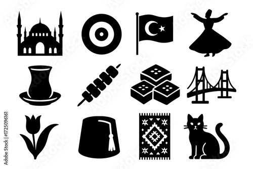 Icon set showcasing turkish culture: mosques, whirling dervishes, flag, tea, tulip, and more