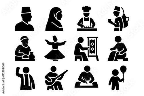 Diverse cultural figures in black silhouette style showcasing art, music, and traditional crafts
