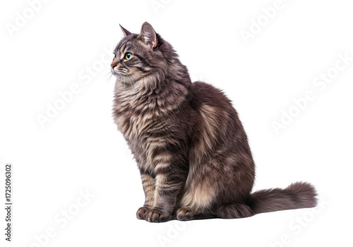 Isolated, a longhaired tabby cat in profile sitting and looking toward the left side