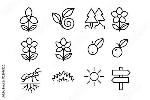 Minimalist nature icons set featuring plants, flowers, insects, and directional signs