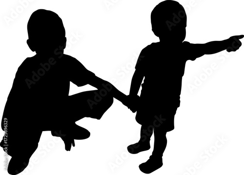 Silhouette of two kids holding with hands 