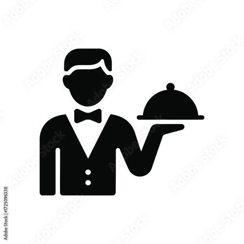 Black Waiter Silhouette Icon on White Background Holding Serving Tray for Food