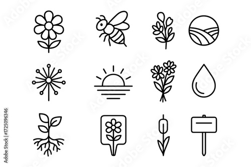 Minimalist nature icons set featuring plants, insects, and landscapes in linear style
