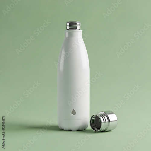 White water bottle with cap mockup on green background in studio shot