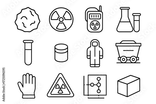 Industrial safety icons set: lab equipment, radiation symbols, protective gear in linear style