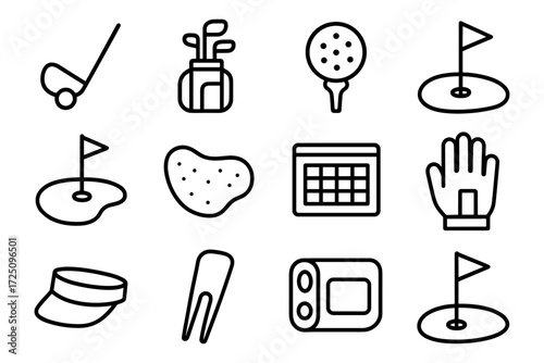 Minimalist golf icons set featuring clubs, tees, flags, and accessories