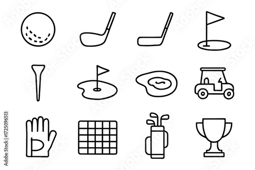 Minimalist golf icons set featuring clubs, flags, and accessories
