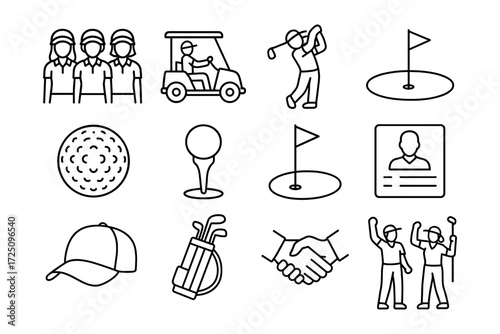 Outline icons set: golf equipment, players, and course elements