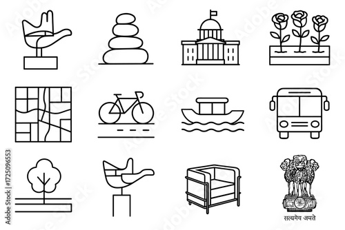 Modern linear icons collection featuring nature, transport, and architecture elements