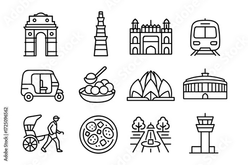 Iconic landmarks and symbols of india in clean line art style