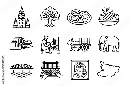 Cultural icons of bihar: monuments, traditions, cuisine, and nature in line art