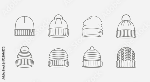 Stylish Winter Beanies Collection, Fashion Accessories, Cozy Atmosphere, Illustration, Minimalist Design