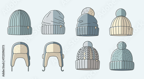 Stylish Beanies and Hats, Cozy Collection, Indoor Display, Illustration, Soft Colors