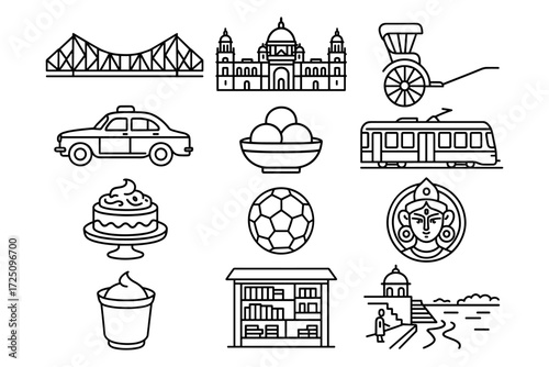 Iconic kolkata symbols: cultural landmarks and traditional elements in linear style
