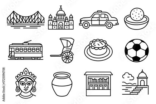 Iconic kolkata symbols in linear design: landmarks, cuisine, and culture