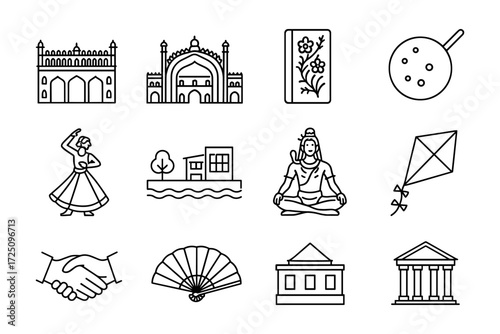 Linear icons of indian architecture, culture, and traditions