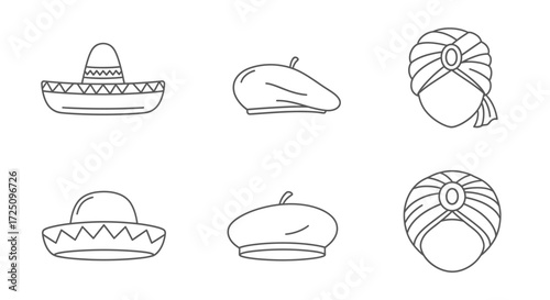 Sombreros, Berets, and Turbans in Minimalist Line Art Design