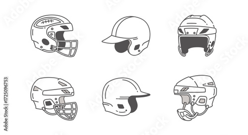 Sports Helmets, Safety Gear, Athletic Events, Iconic Designs, Graphic Illustration, Modern Style