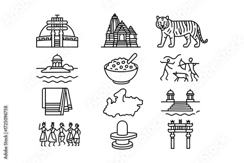 Minimalist indian culture icons set featuring temples, wildlife, and traditional elements