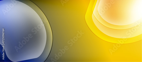 Abstract design features curved shapes, blue, yellow hues. Smooth gradients create modern visual effect. Minimalist composition.