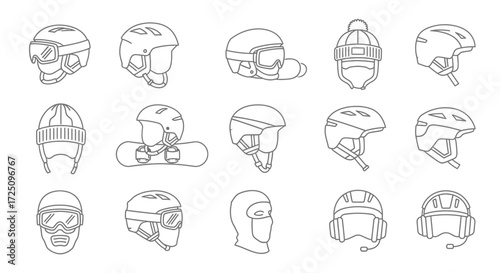 Ski Helmets and Goggles Showcase in Snowy Landscape, Graphic Illustration, Outdoor Environment