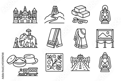 Icon set of traditional indian culture elements in linear design