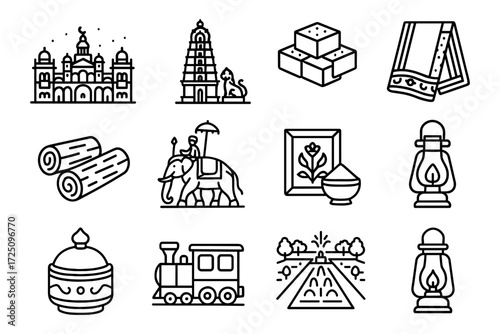 Indian culture icons set featuring temples, traditional items, and historical symbols in linear style