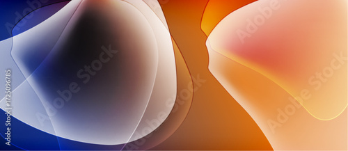 Abstract fluid shapes blend, creating vibrant color gradients. Blue transitions to orange, suggesting movement, depth, energy. Smooth textures dominate composition.