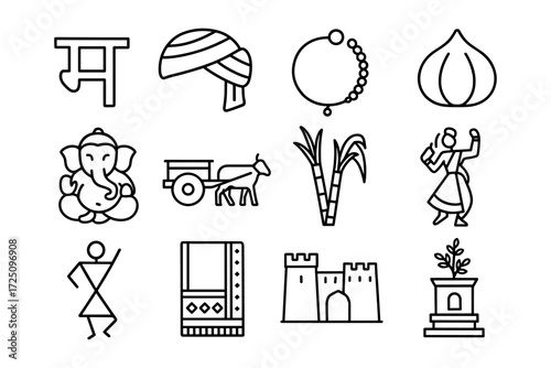 Traditional indian icons set: linear cultural symbols of india’s heritage and traditions