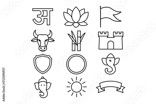Simple line icons of indian symbols: lotus, flag, elephant, and more