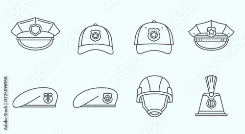 Police Caps and Helmets Display, Law Enforcement Gear, Illustration, Graphic Design, Minimalist Style
