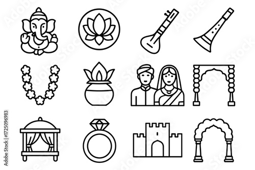 Indian cultural symbols collection in linear style featuring ganesha, musical instruments, and traditional attire