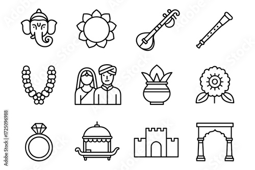 Traditional indian symbols: musical instruments, architecture, and cultural icons in linear style