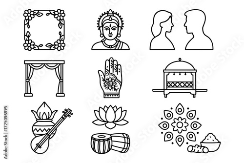 Line art icons of indian cultural symbols and traditions